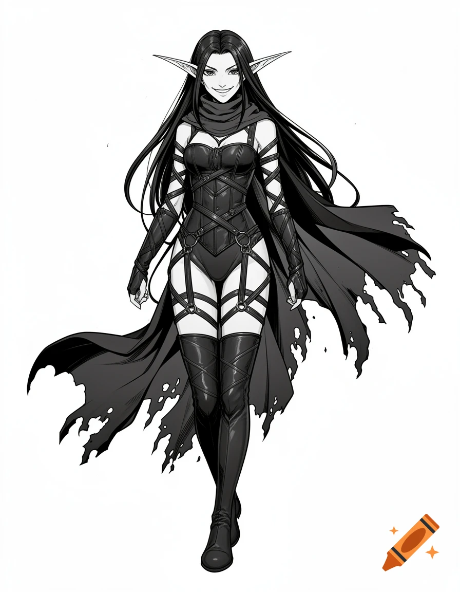 Black and white manhwa style full-body art of a dark elf with an arrogant smirk, wearing a strapped leather corset, thigh-high boots, and a torn cape.