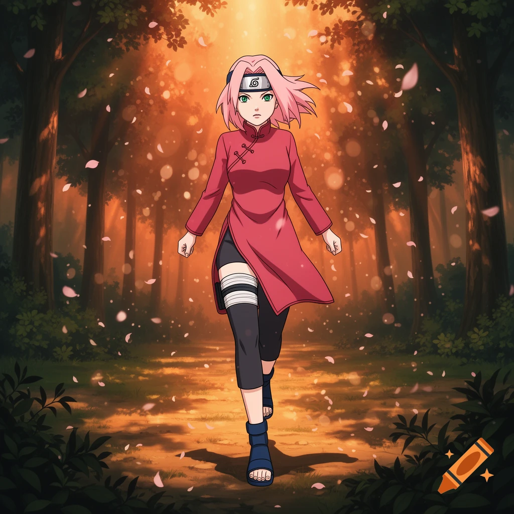 Full-body anime illustration of Sakura from Naruto in a red outfit and pink hair, walking through a sunlit forest with falling petals.