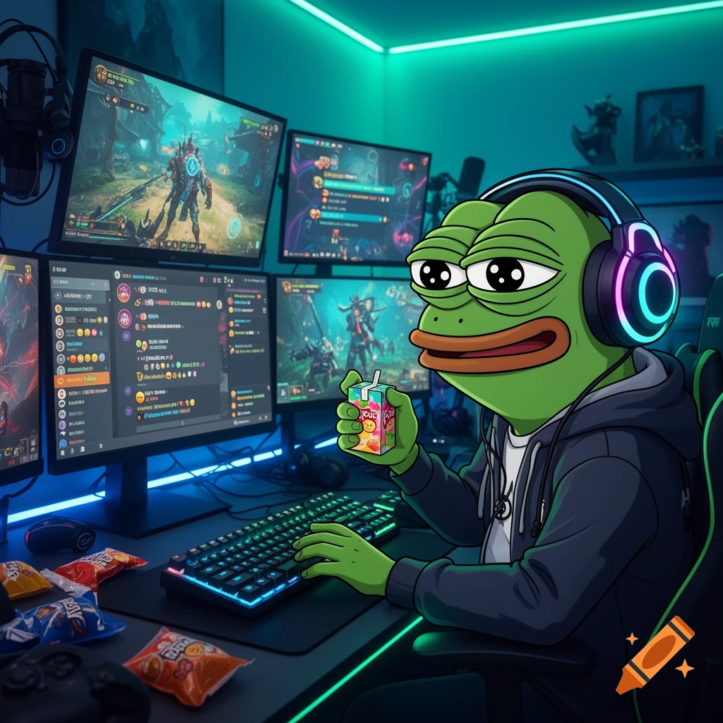 Cartoon Pepe the frog wearing headphones, holding a juice box, and sitting at a desk with multiple gaming monitors in a neon-lit room.