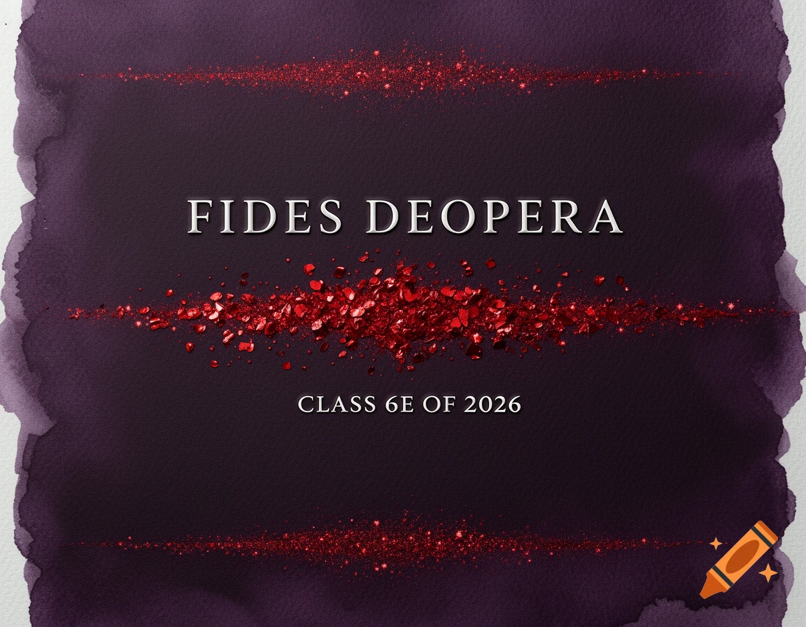 A dark purple watercolor background with red glitter streaks and text 'FIDES DEOPERA' and 'CLASS 6E OF 2026'.