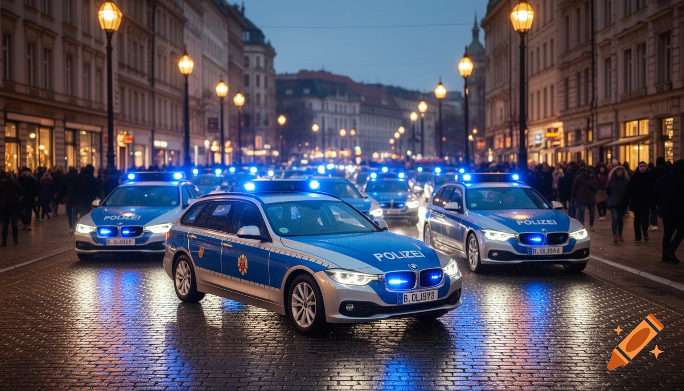 German police cars with blue lights driving down a wet city street at dusk, lined with buildings and people.