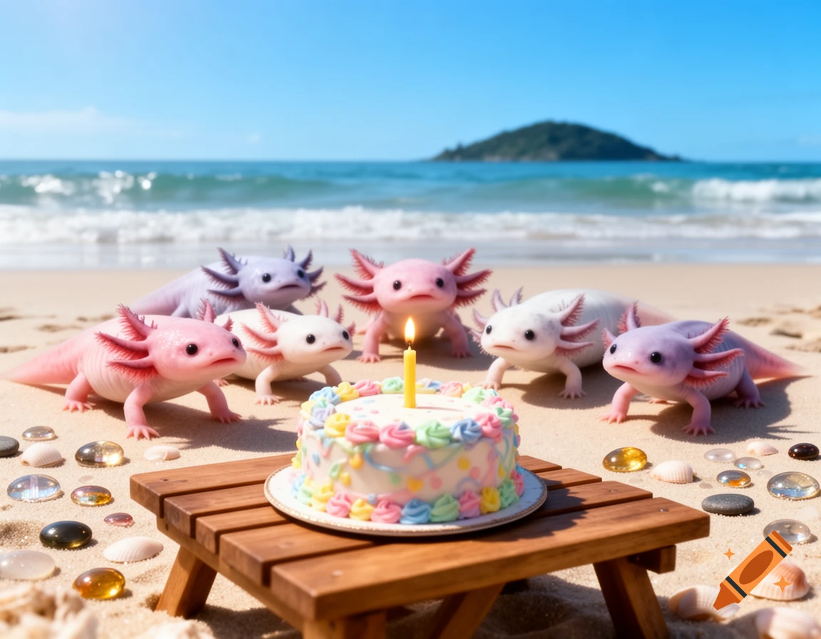 Pink, white, and purple axolotls around a birthday cake on a sunny beach.