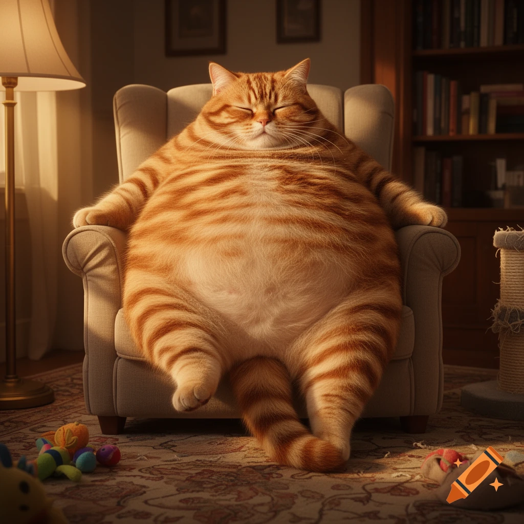 A very fat orange tabby cat is sound asleep in a cozy armchair in a sunlit room, with toys on the rug.