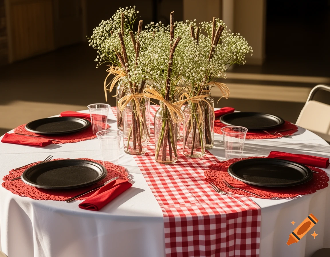 An 'I Do BBQ' wedding shower table with a white tablecloth, red checkered runner, black plates, and baby's breath centerpieces.