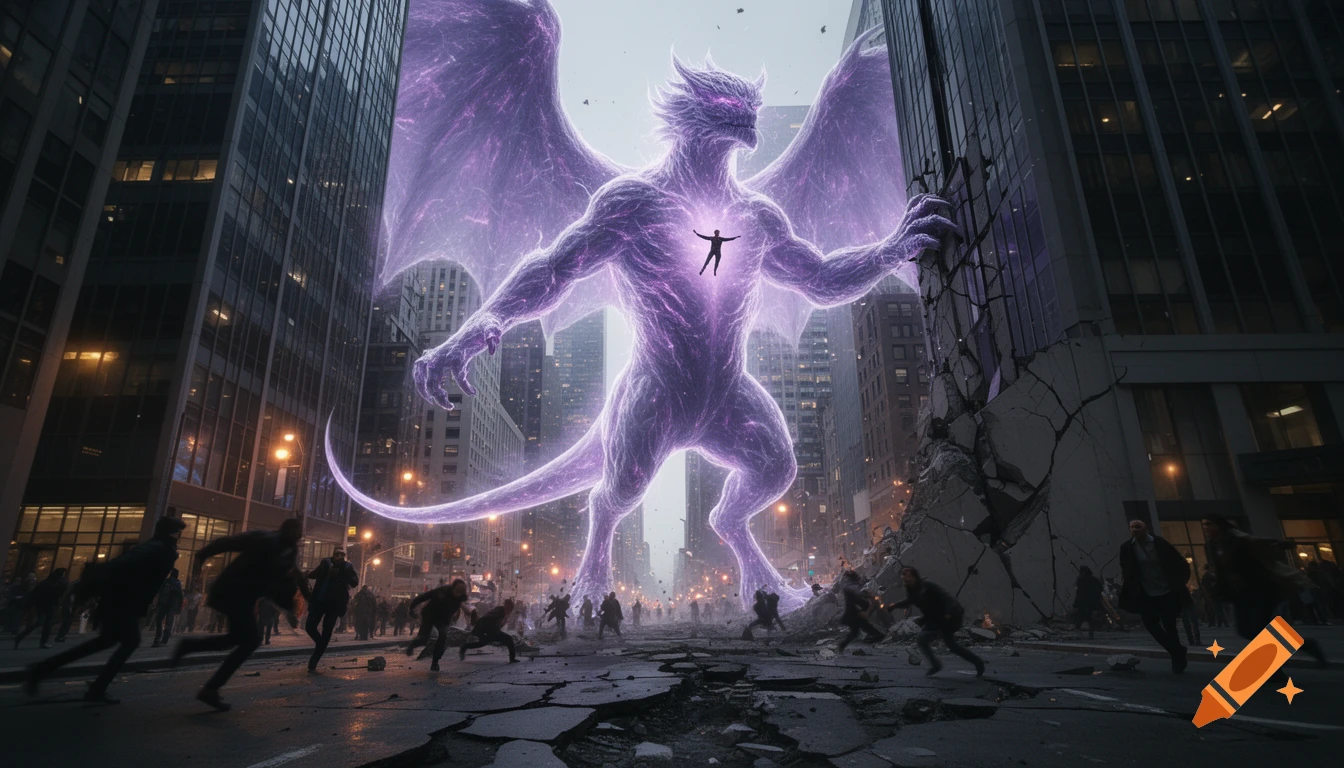 A giant glowing purple energy monster with wings towers over a city, crushing pavement and grabbing a building as people flee.