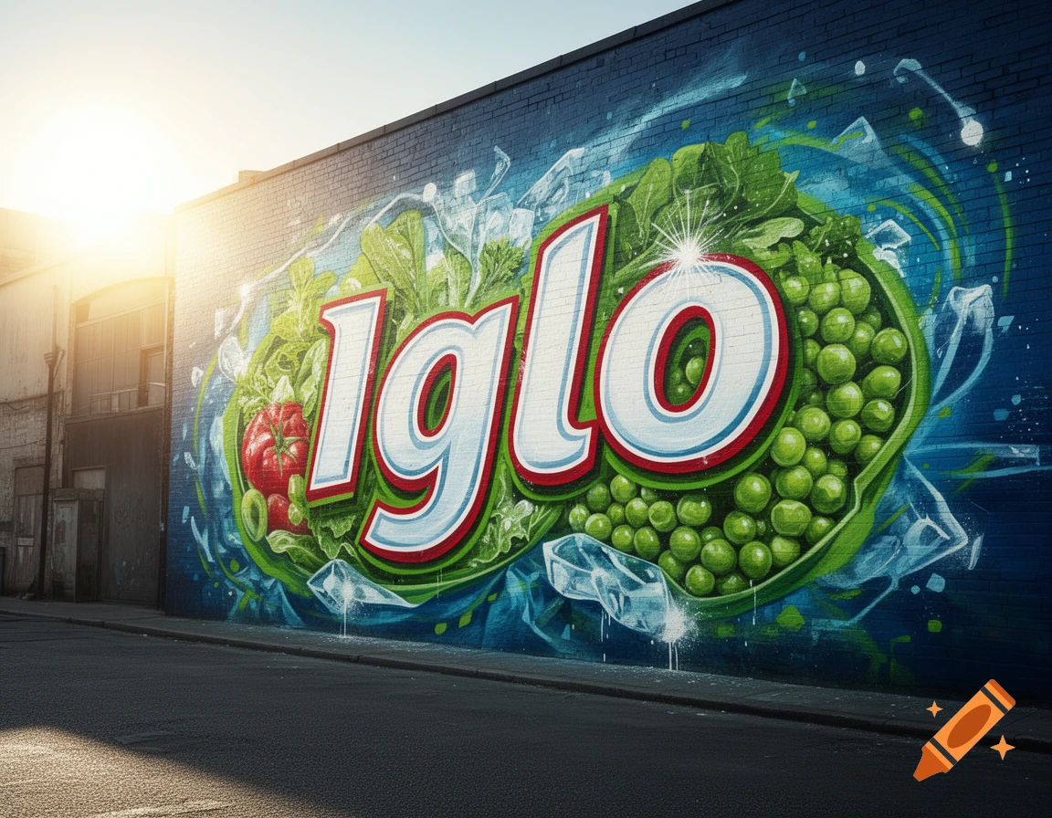 A large, colorful graffiti mural on a brick wall features the word 'Iglo' surrounded by fresh vegetables and ice, on a sunlit street.