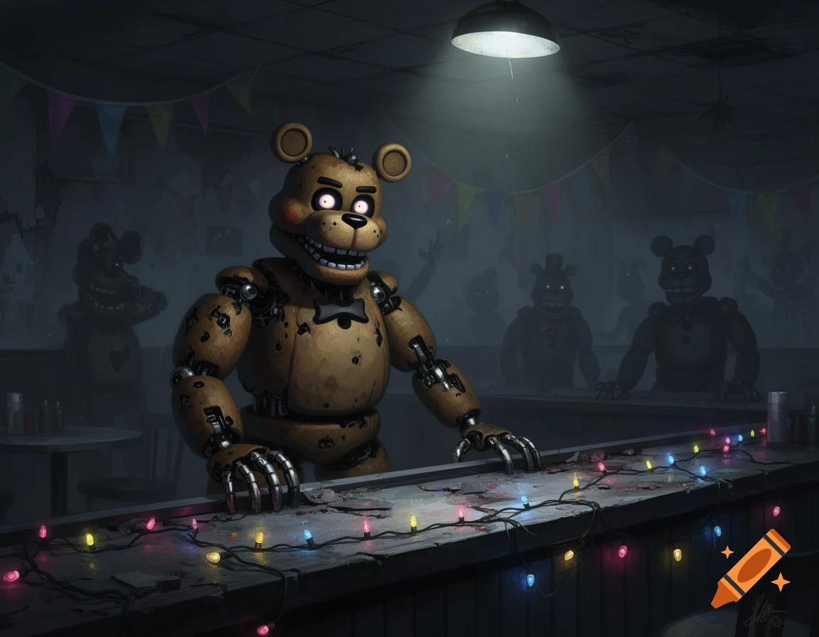 A menacing animatronic bear with glowing eyes stands at a dimly lit bar covered in tangled string lights, with shadowy animatronics in the background.