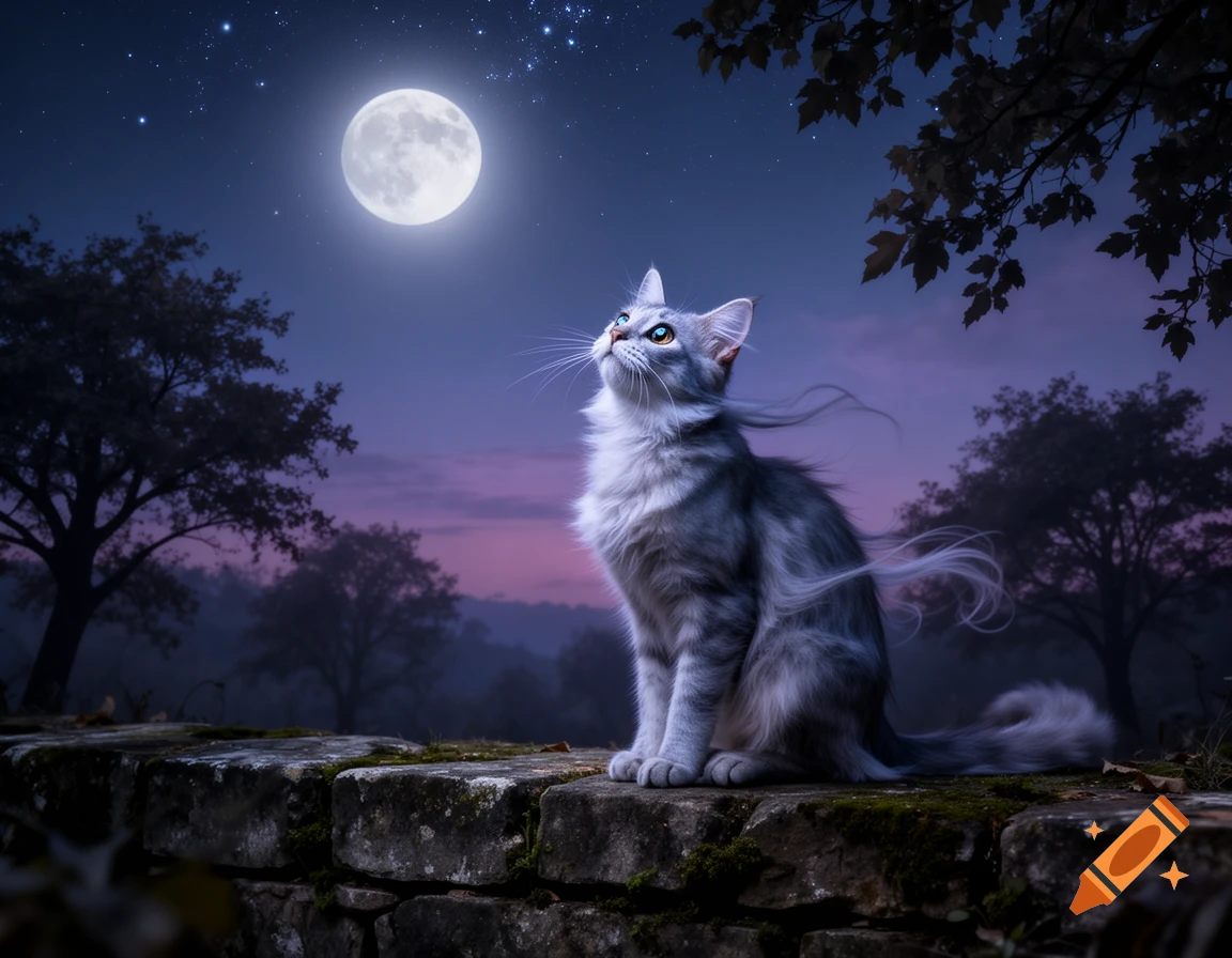 A fluffy gray cat sits on a mossy stone wall, looking up at a bright full moon in a starry, purple-blue night sky with dark trees.