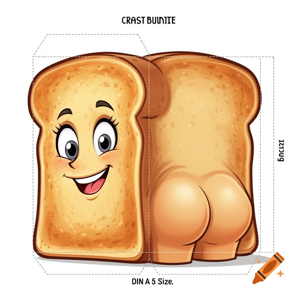 A cartoon illustration of a slice of toast with a happy face on the front and buttocks on the back, designed as a foldable card template with dotted cut lines.