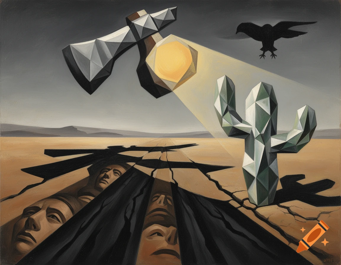 Cubist oil painting depicting a surreal desert scene with a geometric sun, crystalline cactus, and faces emerging from cracked earth.