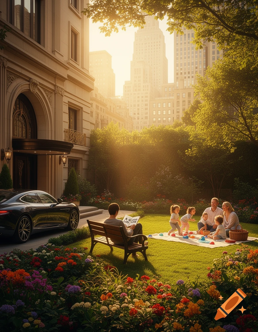 A family enjoys a sunny picnic in a lush urban park with a grand building and luxury car nearby, bathed in golden hour light.