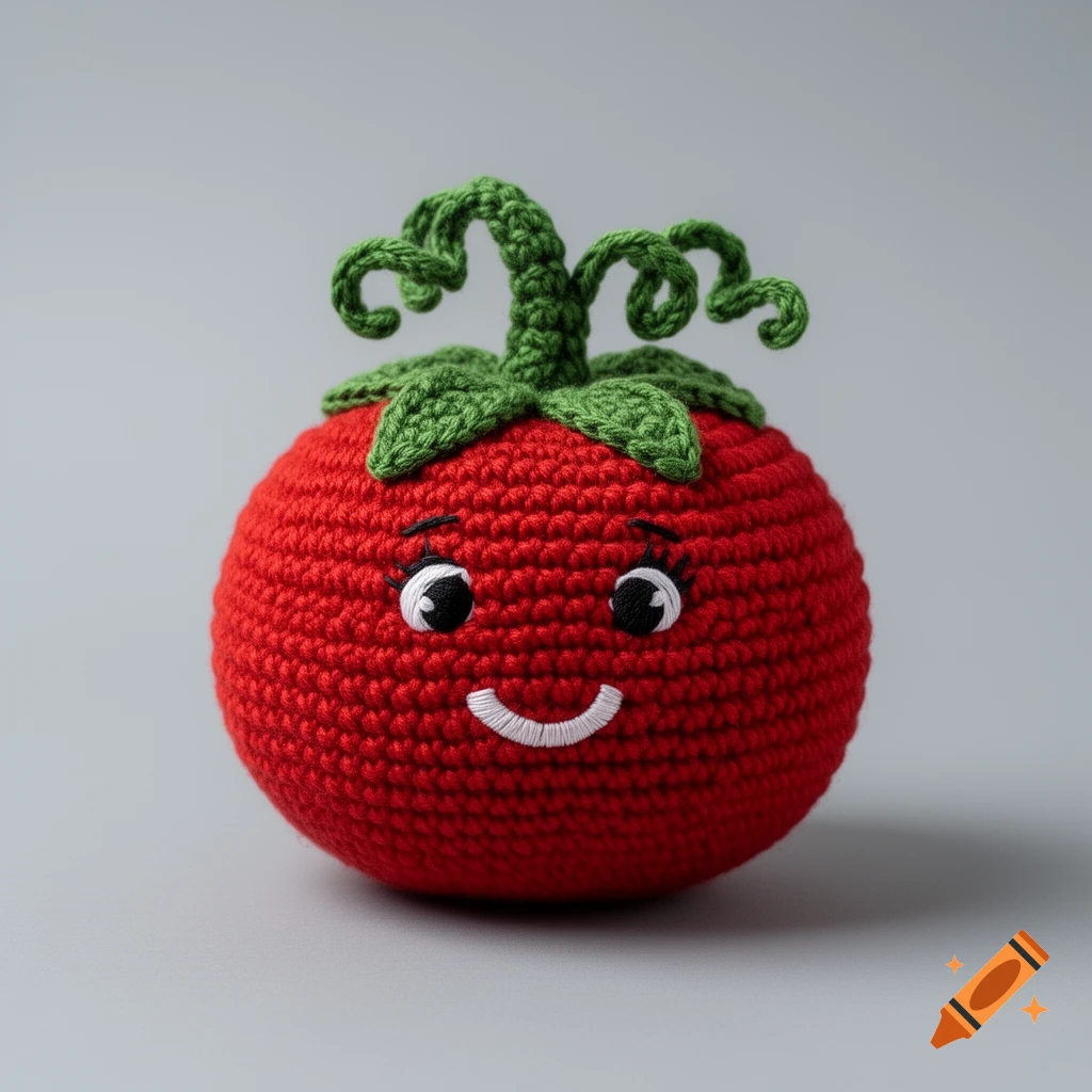 A smiling, red crocheted tomato with green leaves and a curly stem on a gray background.