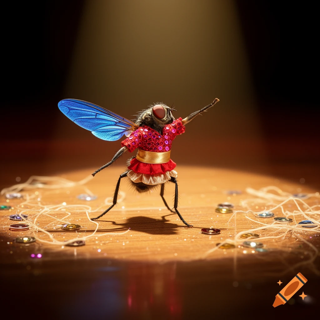 A photorealistic macro shot of a fly in a red and gold sequined salsa dancer's costume, posing on a wooden stage under a spotlight.