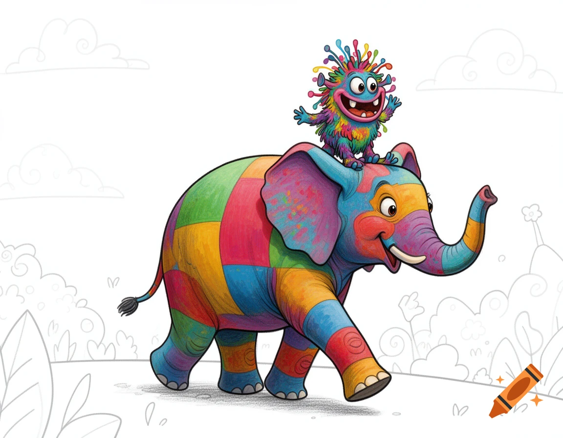 A colorful, patchwork elephant walks with a small, spiky, rainbow-colored monster on its head, in a line art landscape.