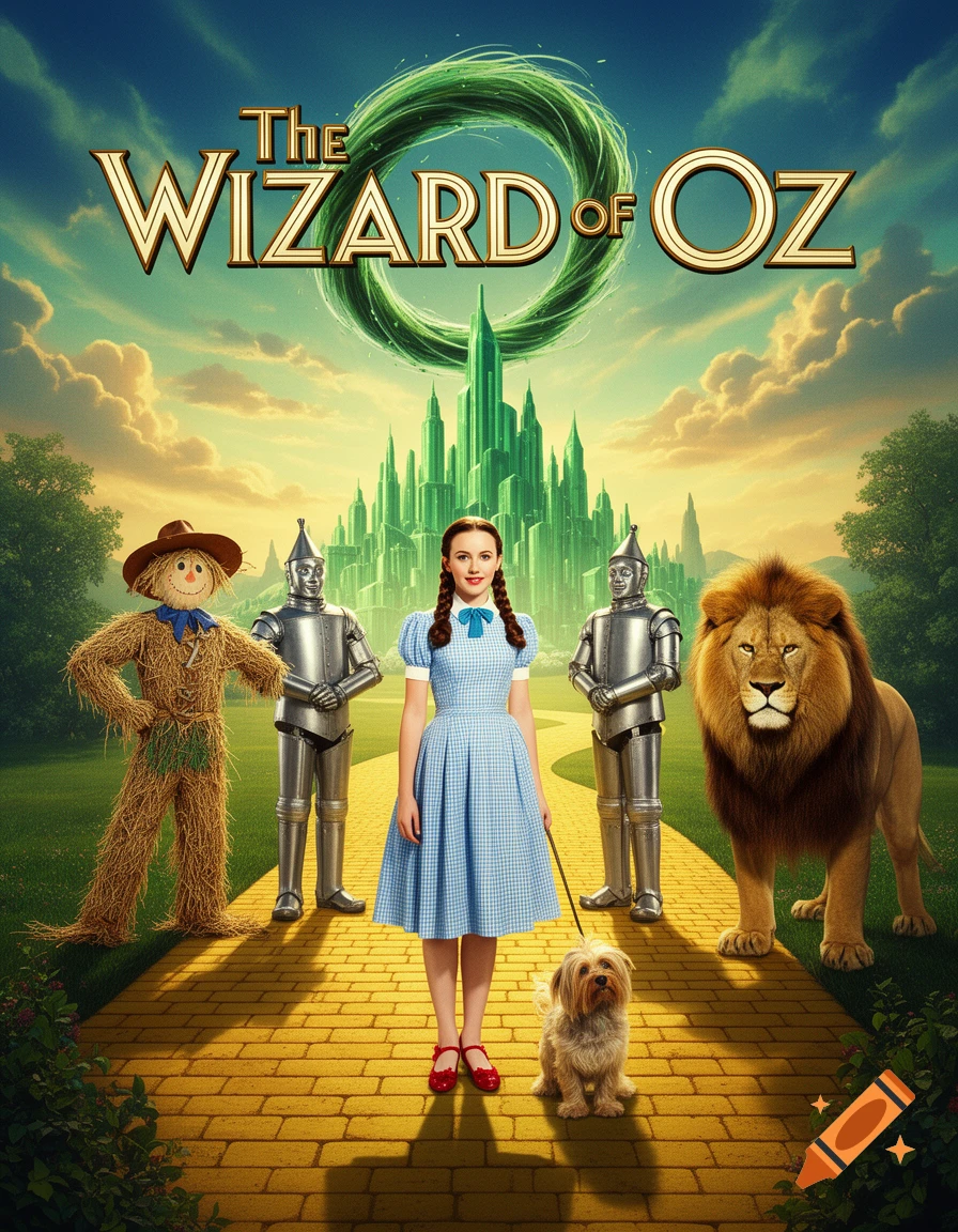 Movie poster for The Wizard of Oz, featuring Dorothy, Scarecrow, Tin Man, Lion, and Toto on the yellow brick road to Emerald City.