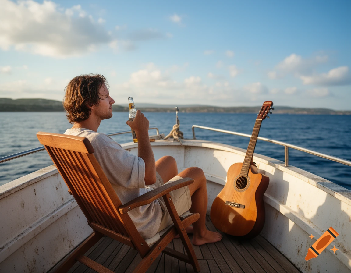 A man sits in a lounge chair on a boat, drinking beer while a guitar rests beside him, with open water and land in the background.