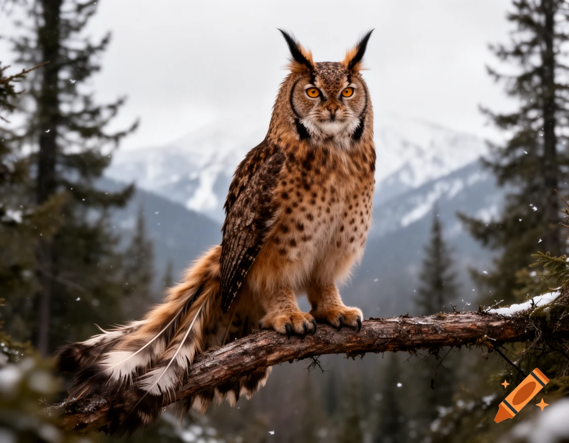 A large, brown, spotted owl-lynx hybrid with bright orange eyes and a long feathery tail, perches on a snowy branch in a wintry forest.