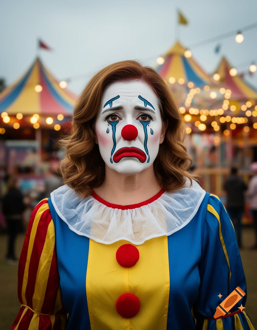 Photorealistic portrait of a sad crying clown in a colorful costume, with a red nose, against a blurry carnival background.
