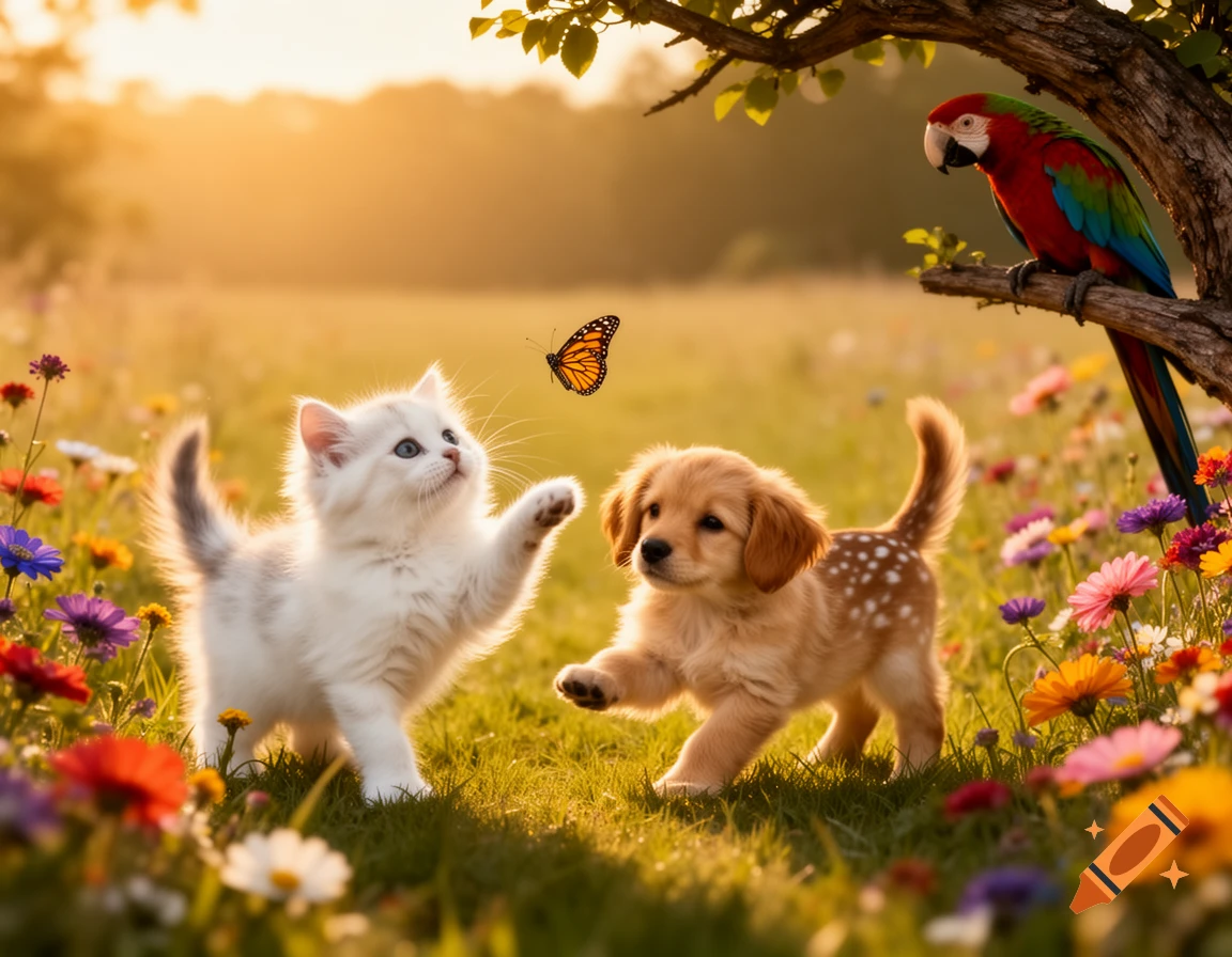 A white kitten reaches for a butterfly near a golden puppy and a parrot in a sunny, flower-filled field, photorealistic.