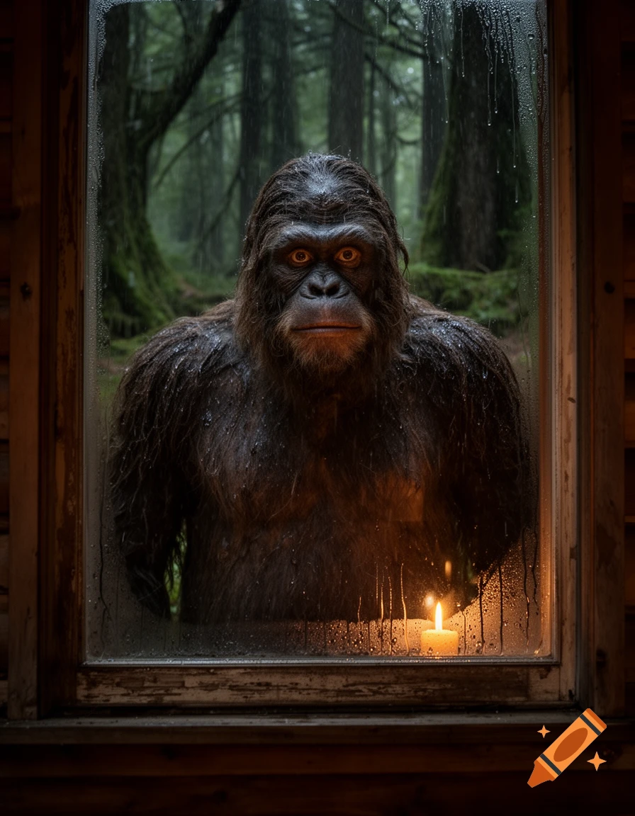 A photorealistic image of Bigfoot looking through a rain-streaked window at night, illuminated by a warm candle inside a cabin, with a dark forest background.