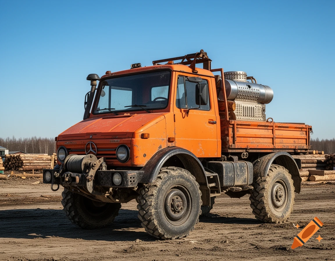 An orange Mercedes-Benz Unimog truck with a front-mounted winch and a large metal cylinder in its bed, on a dirt road under a clear blue sky, with logs in the background.