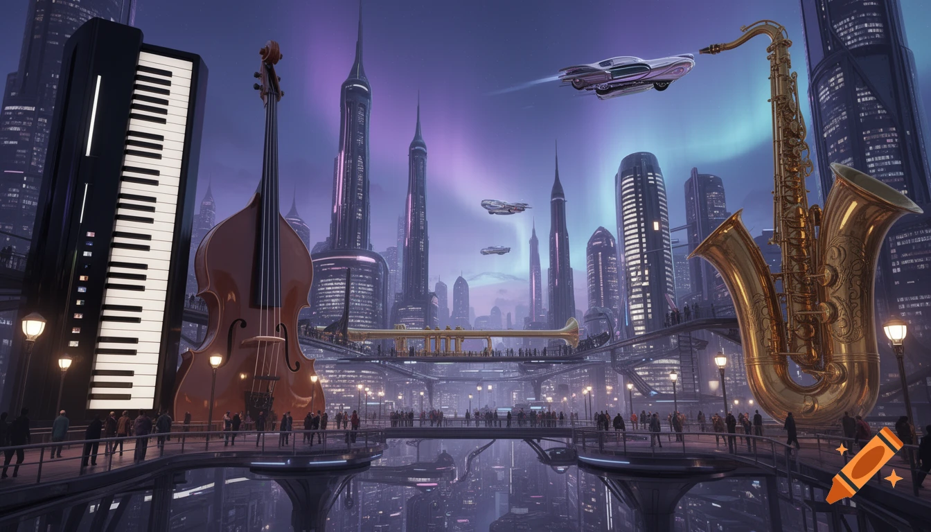 A futuristic city at night with giant musical instruments like a piano, cello, trumpet, and saxophone integrated into the skyline, flying cars, and people on bridges under an aurora sky.