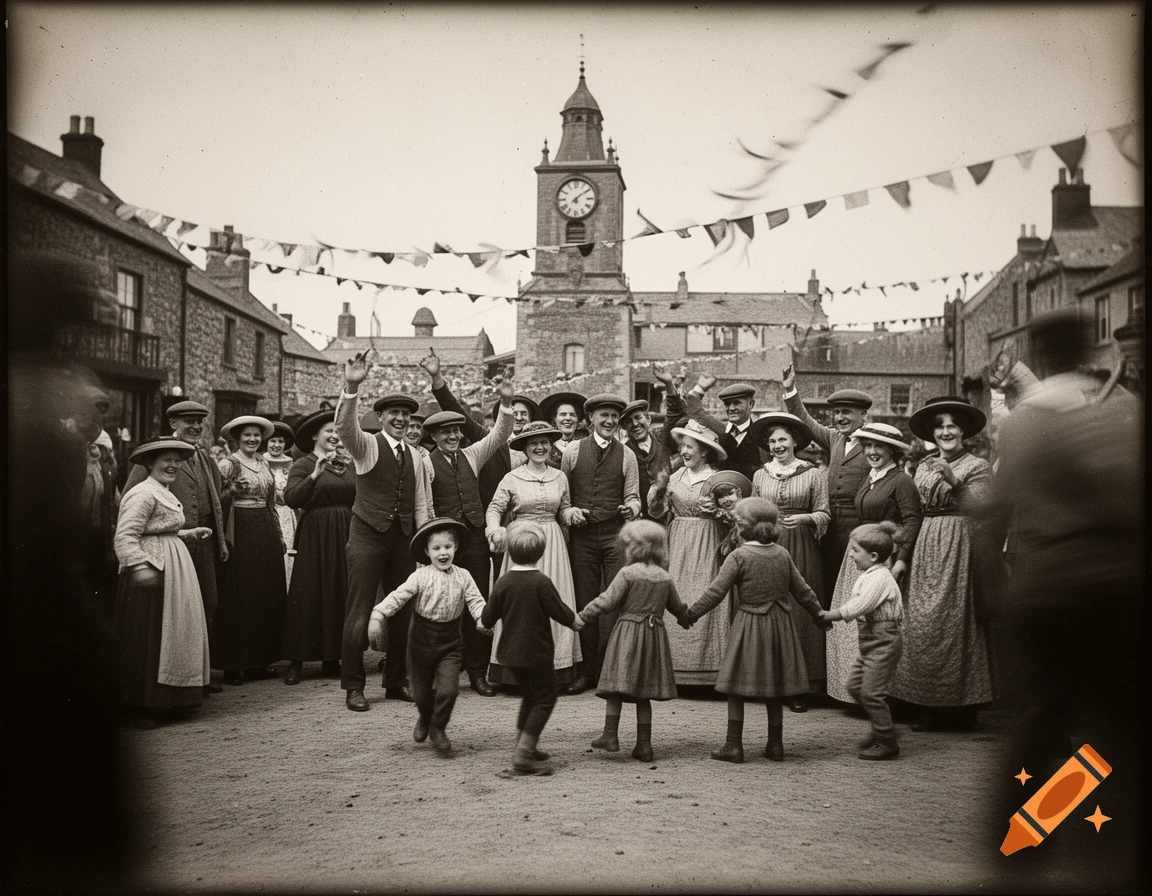 A black and white historical photograph from around 1910 shows a group of locals celebrating in a town square with children playing, bunting, and a clock tower.