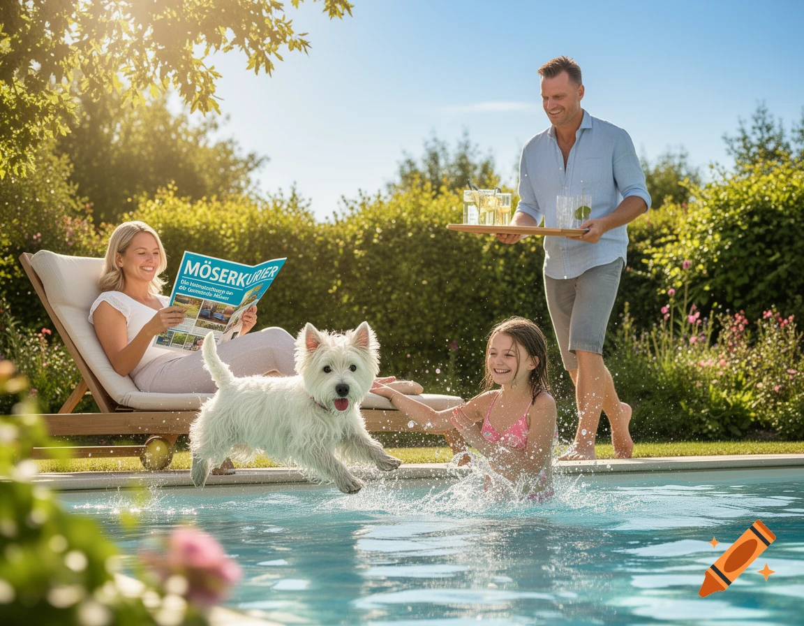 A family enjoys a sunny summer day by a pool, with a woman reading a magazine, a girl splashing, and a white terrier leaping.