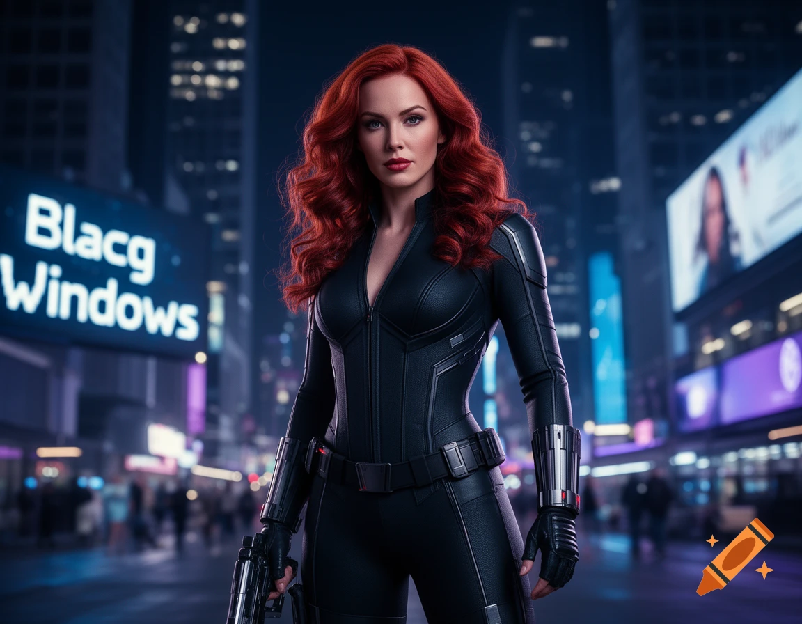Photorealistic image of a woman resembling Black Widow in a black suit, holding a gun, on a futuristic city street at night.