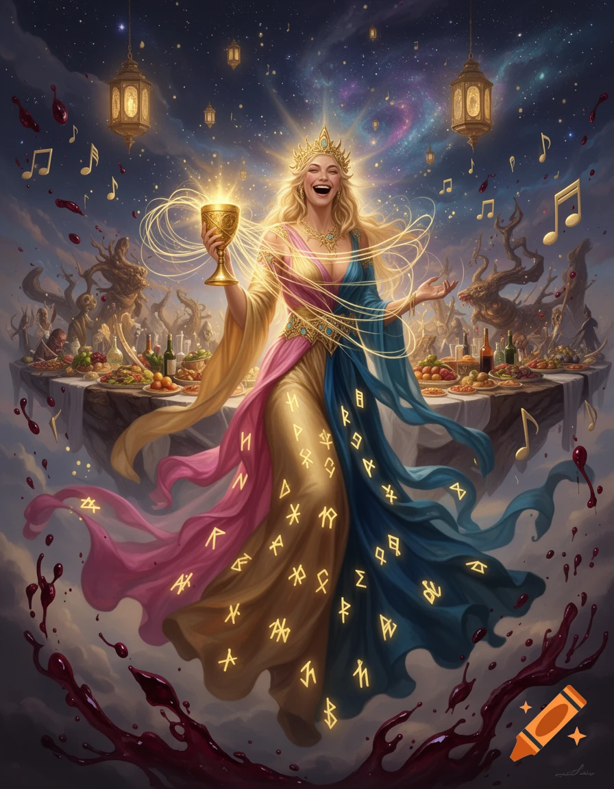Radiant goddess Nya with golden chalice, laughing joyfully amidst a celestial banquet, stars, and glowing runes on flowing robes in divine fantasy art.