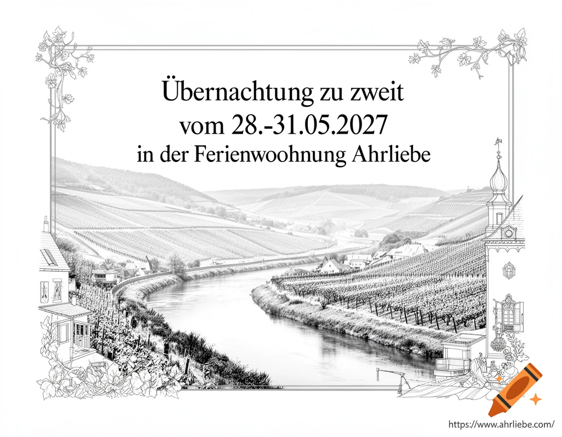 A black and white illustrated voucher with text for "Übernachtung zu zweit vom 28.-31.05.2027 in der Ferienwohnung Ahrliebe" over a scenic river valley with vineyards and buildings, framed by a floral border.