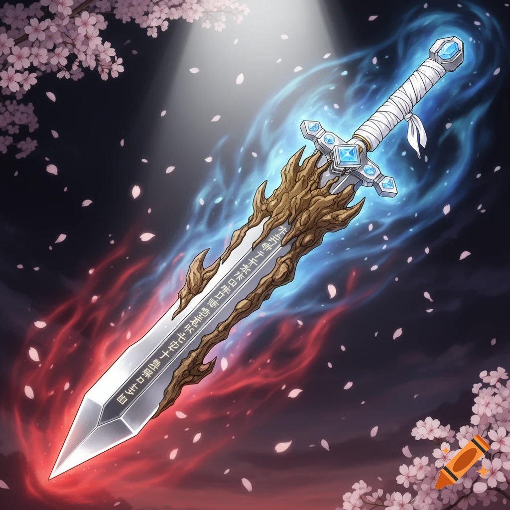 A stylized fantasy sword glowing with blue and red energy, etched with illegible characters, set against a dark background with falling cherry blossoms.