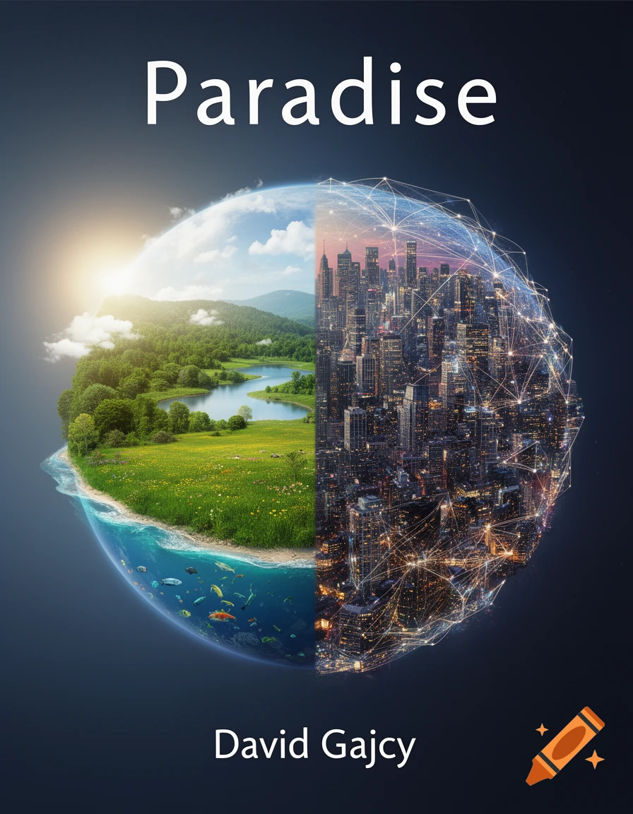 A split globe with one half lush green nature and clear water with fish, and the other half a dense city at night. Text reads 'Paradise' and 'David Gajcy'.