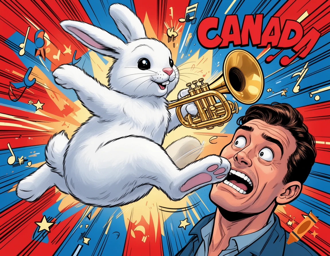 A white cartoon rabbit kicks a man in the face while holding a trumpet, against a comic book starburst background with 'CANADA' text.