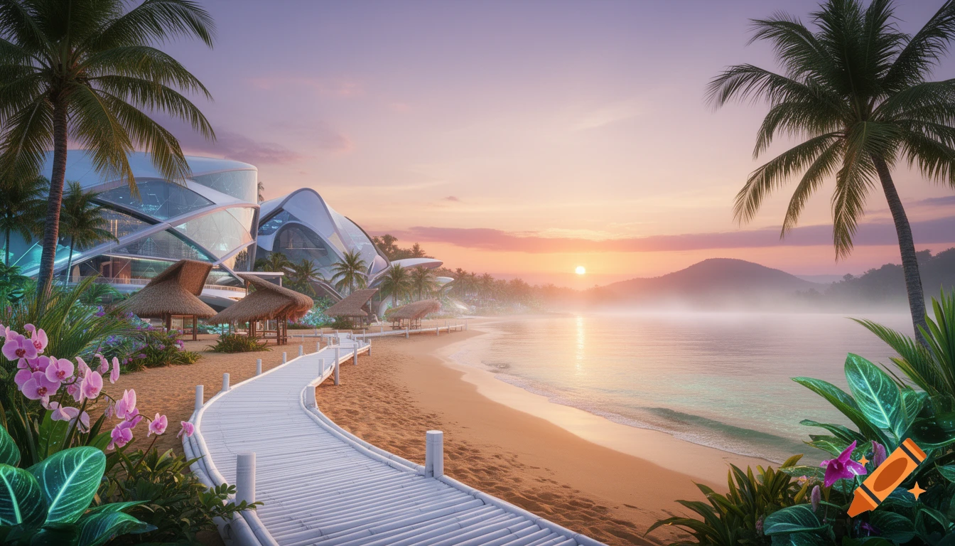 Photorealistic image of a futuristic resort on a tropical beach at sunrise, with a boardwalk leading to modern glass buildings.