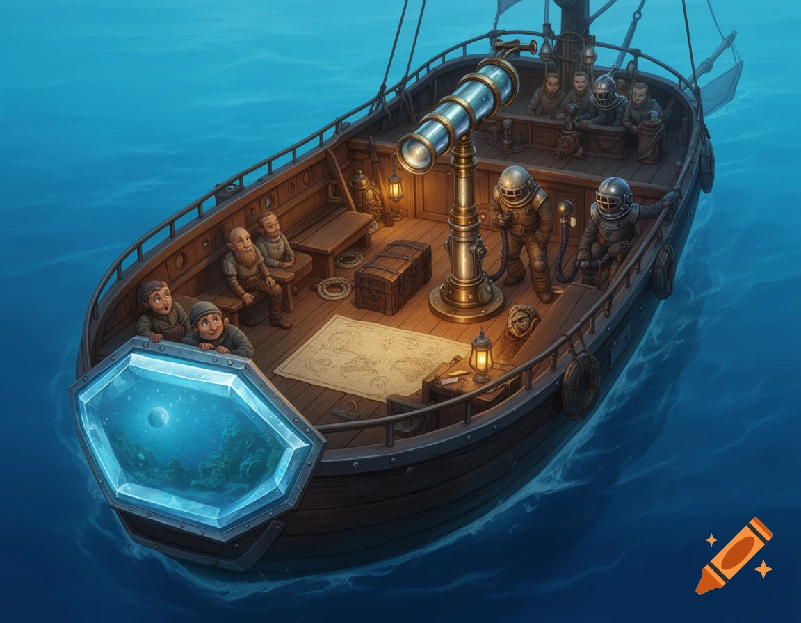 A fantasy wooden exploration ship with gnomes on deck. Two look through a large crystal window into the blue depths. Others stand near a brass telescope and wear steampunk diving suits.