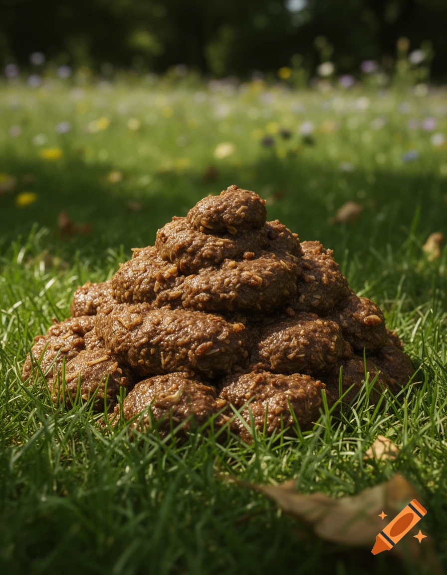 A large, textured pile of brown feces sits on bright green grass in a field.