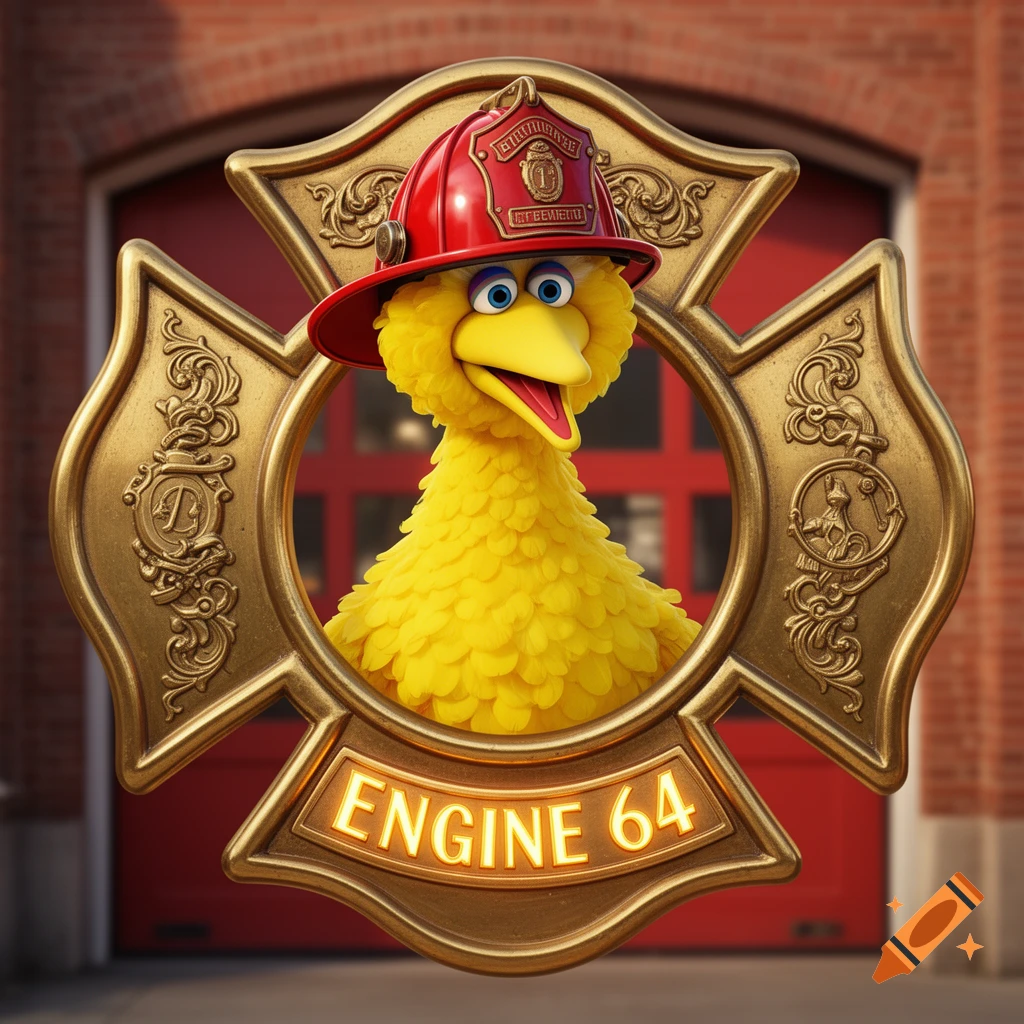 Big Bird in a red firefighter helmet, centered in a golden Maltese cross emblem that reads 'ENGINE 64', against a red brick building.