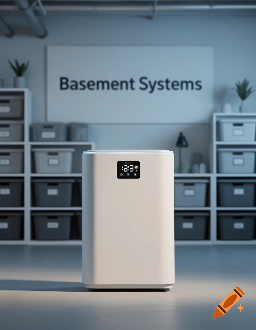 A white dehumidifier with a digital display sits on a concrete floor in a basement with shelves and a sign that reads 'Basement Systems'.