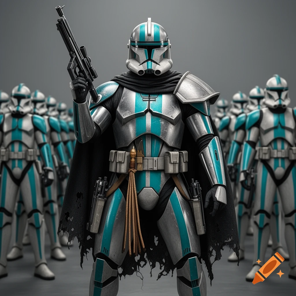 A photorealistic image of a chrome and turquoise ARC Trooper with a sniper rifle and torn black cape, standing before other clone troopers.