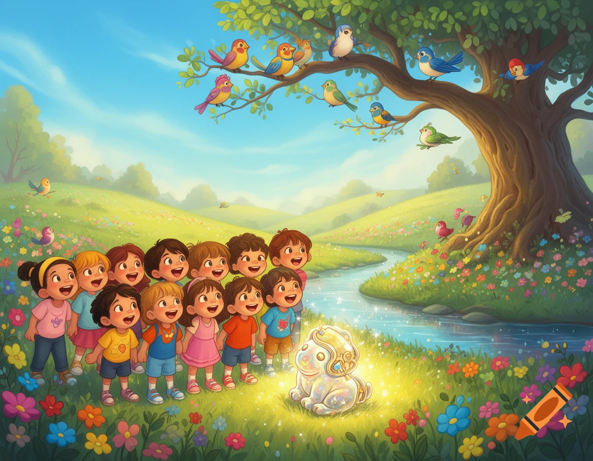 Happy children and colorful birds in a vibrant, flowery meadow, gathered around a glowing, sparkling creature.