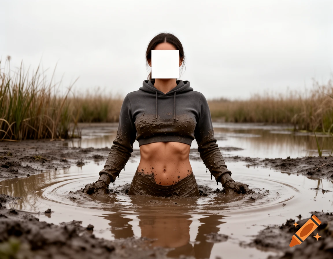 A woman in a gray crop top hoodie with an exposed stomach is stuck chest-deep in muddy water, with her face censored by a white square.