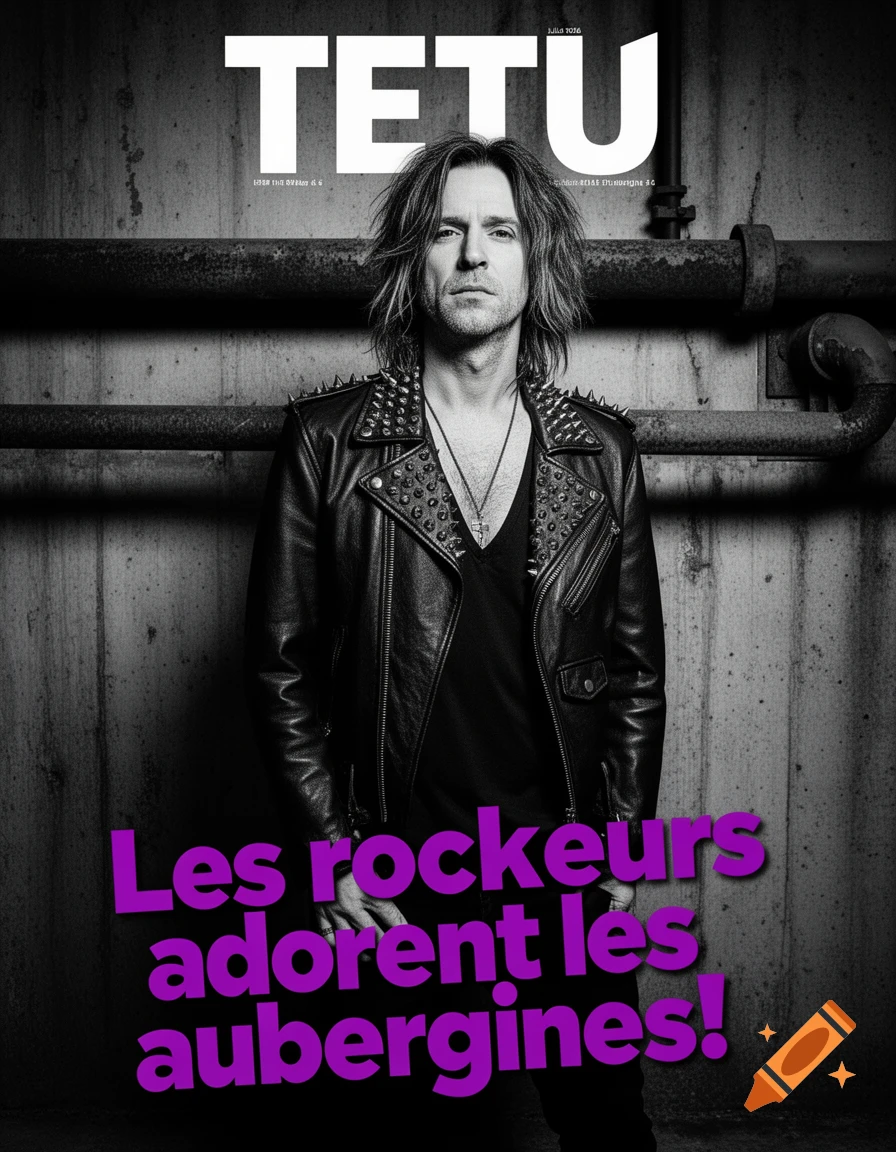 Black and white magazine cover with a man in a studded leather jacket, and purple text: "Les rockeurs adorent les aubergines!"