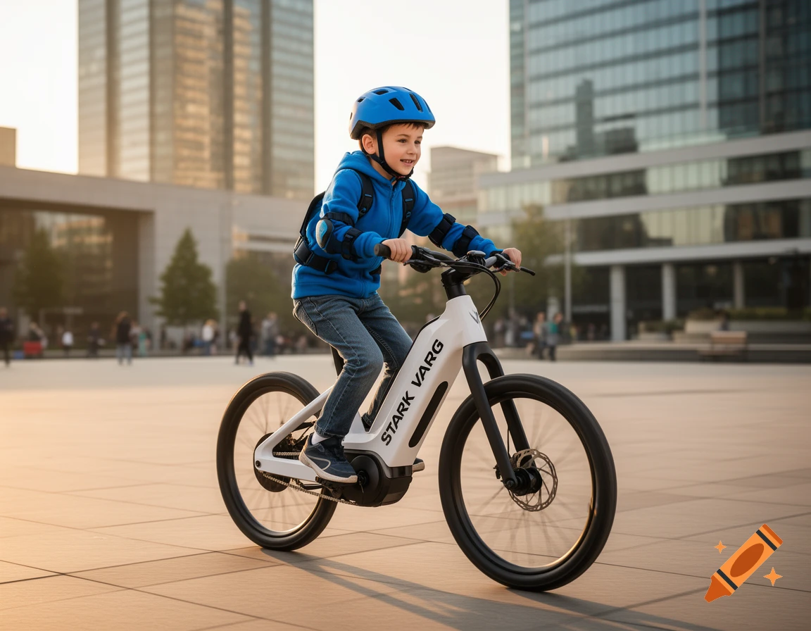 A young boy in a blue helmet and jacket rides a white Stark Varg e-bike on a paved city plaza with modern buildings.