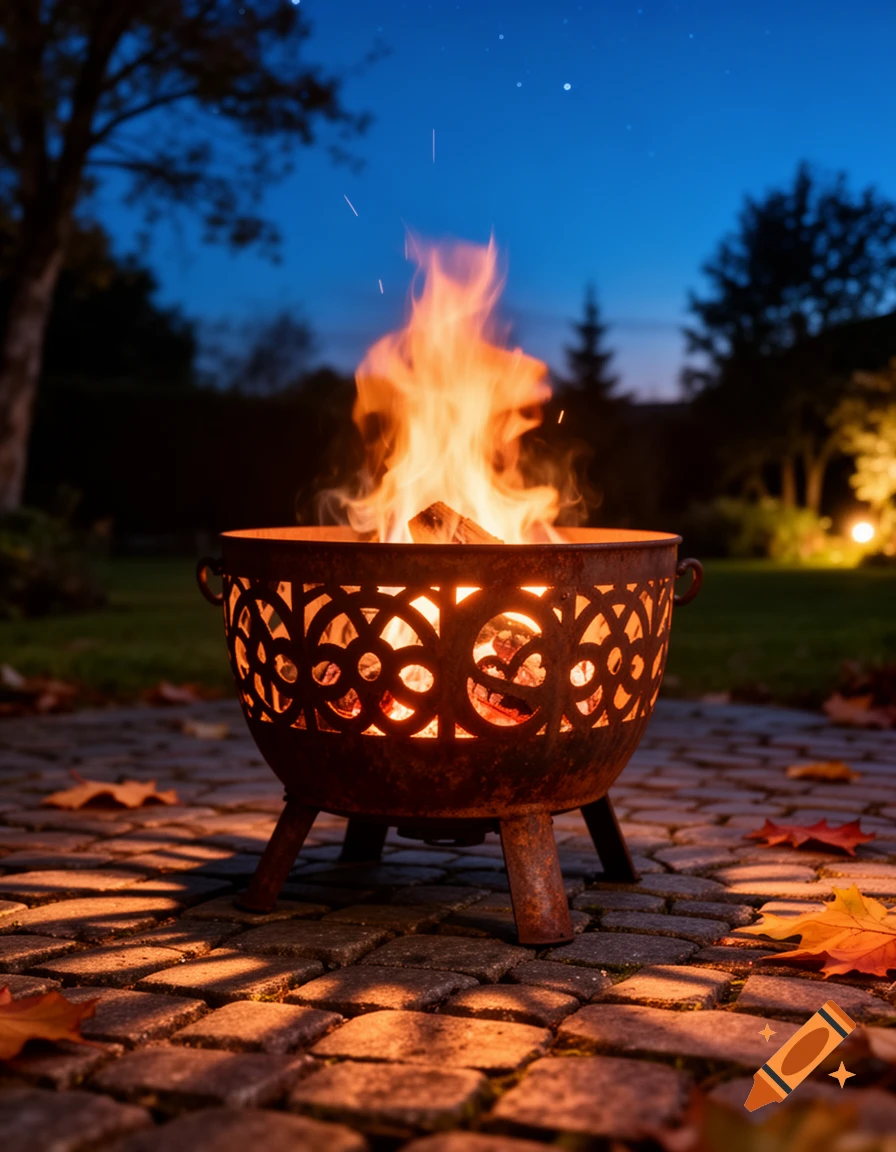 A photorealistic image of a rustic fire pit with a roaring fire, sitting on a paved patio with autumn leaves at night.