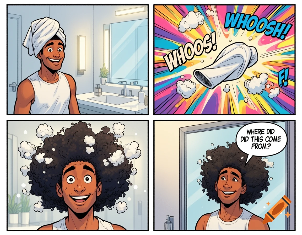 A 4-panel comic: A man in a bathroom with a towel on his head, then removing it with a 'WHOOSH!' to reveal a huge afro.