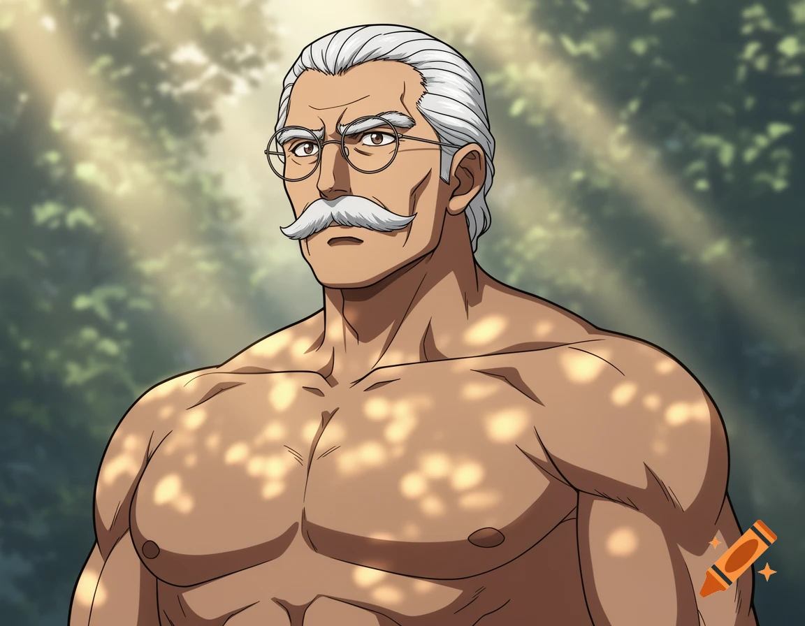 Anime style drawing of a shirtless, buff middle-aged man with white hair, mustache, and glasses, standing in a forest with dappled sunlight.