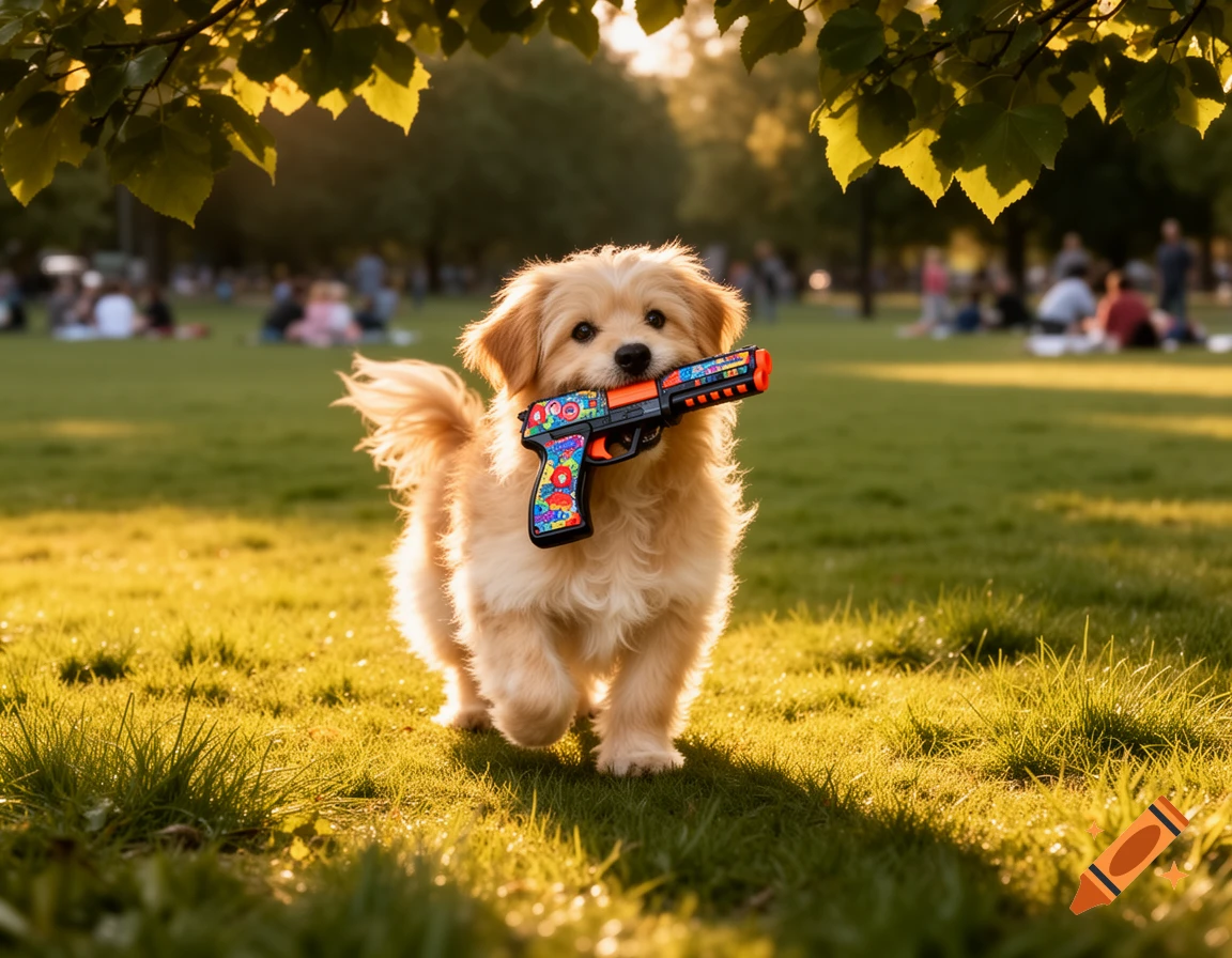 A fluffy golden-brown puppy walks through a sunlit park, holding a colorful toy gun in its mouth, with blurred people in the background.