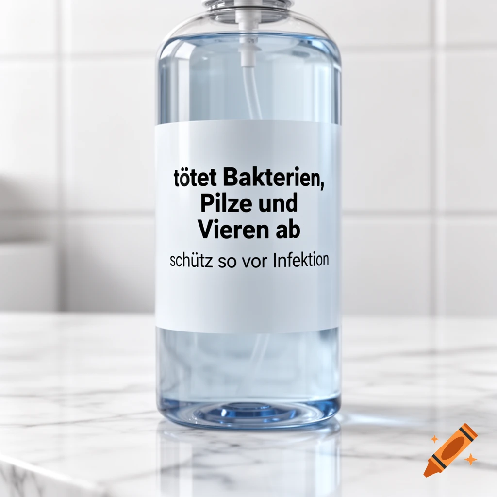 A photorealistic image of a clear blue disinfectant bottle with a white label on a marble counter in a bathroom.