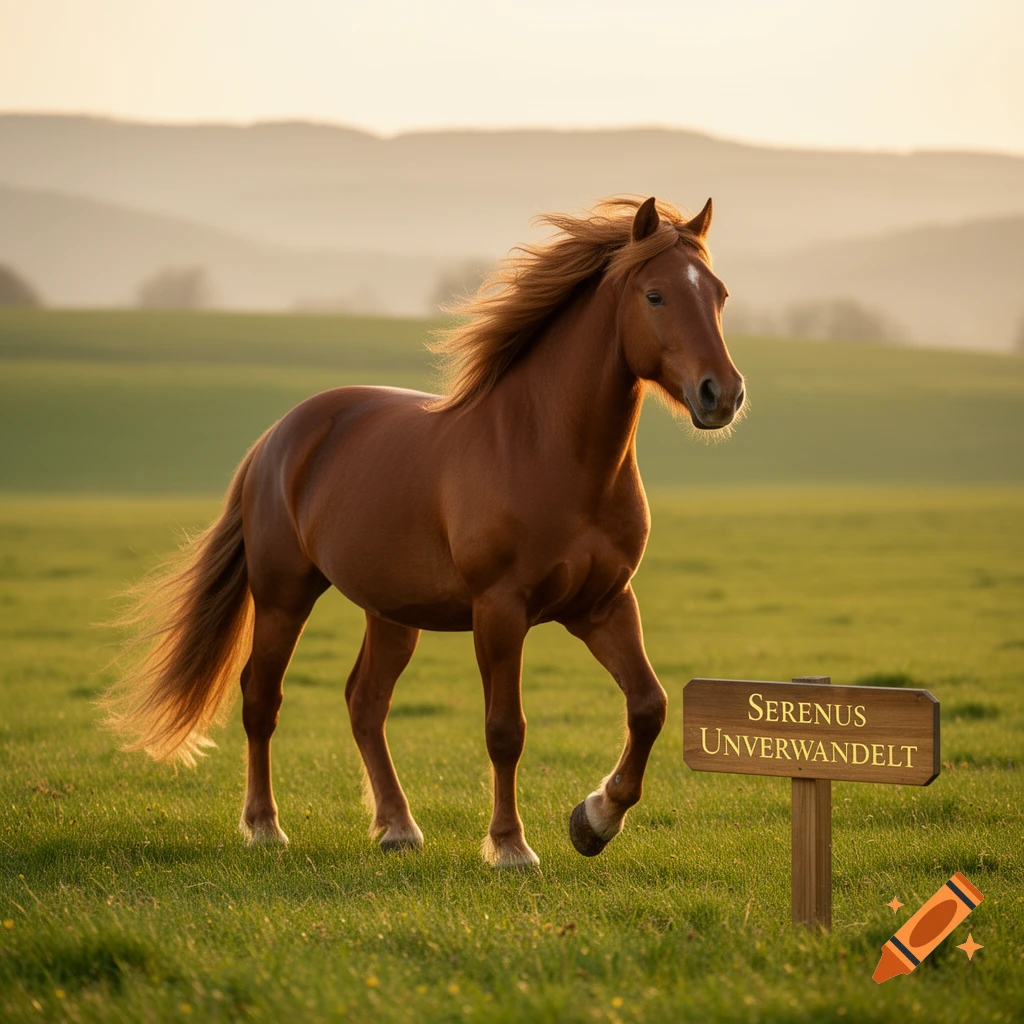 A brown horse trots through a sunlit green field with hills in the background and a sign reading "Serenus Unverwandelt".